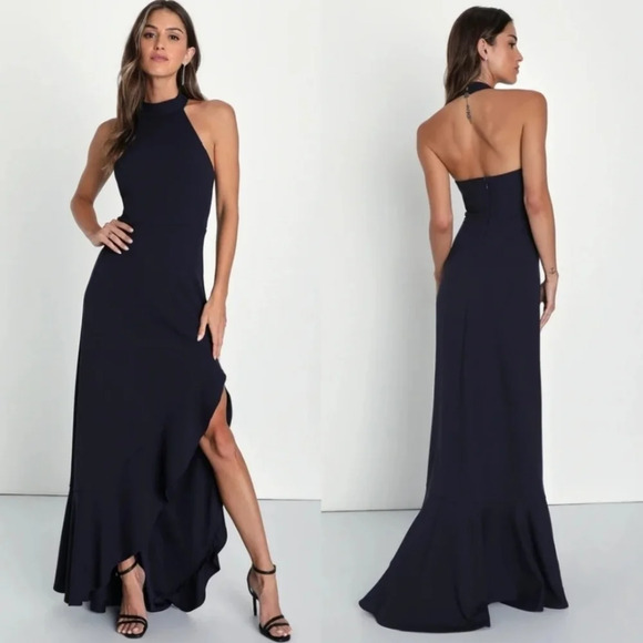 Lulus Majestic Perfection Navy Blue Ruffled Halter Maxi Dress L Wedding Party - Picture 1 of 12